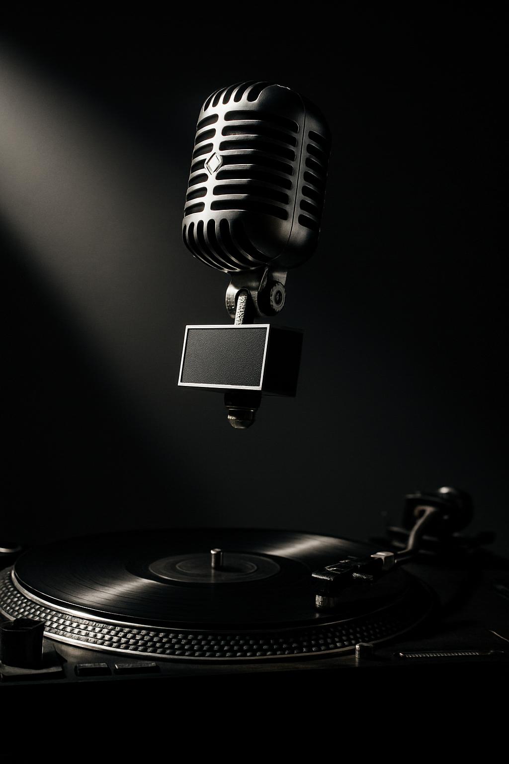A black and white photograph of a microphone and record player set against a dark background.