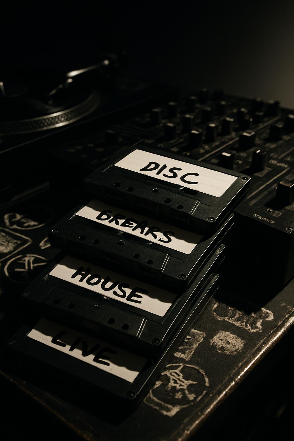 The alt text for the image is: "A stack of DiscMan cassettes labeled 'DISC', 'BREAKS', 'HOUSE', and 'LIVE' on top of a bla...