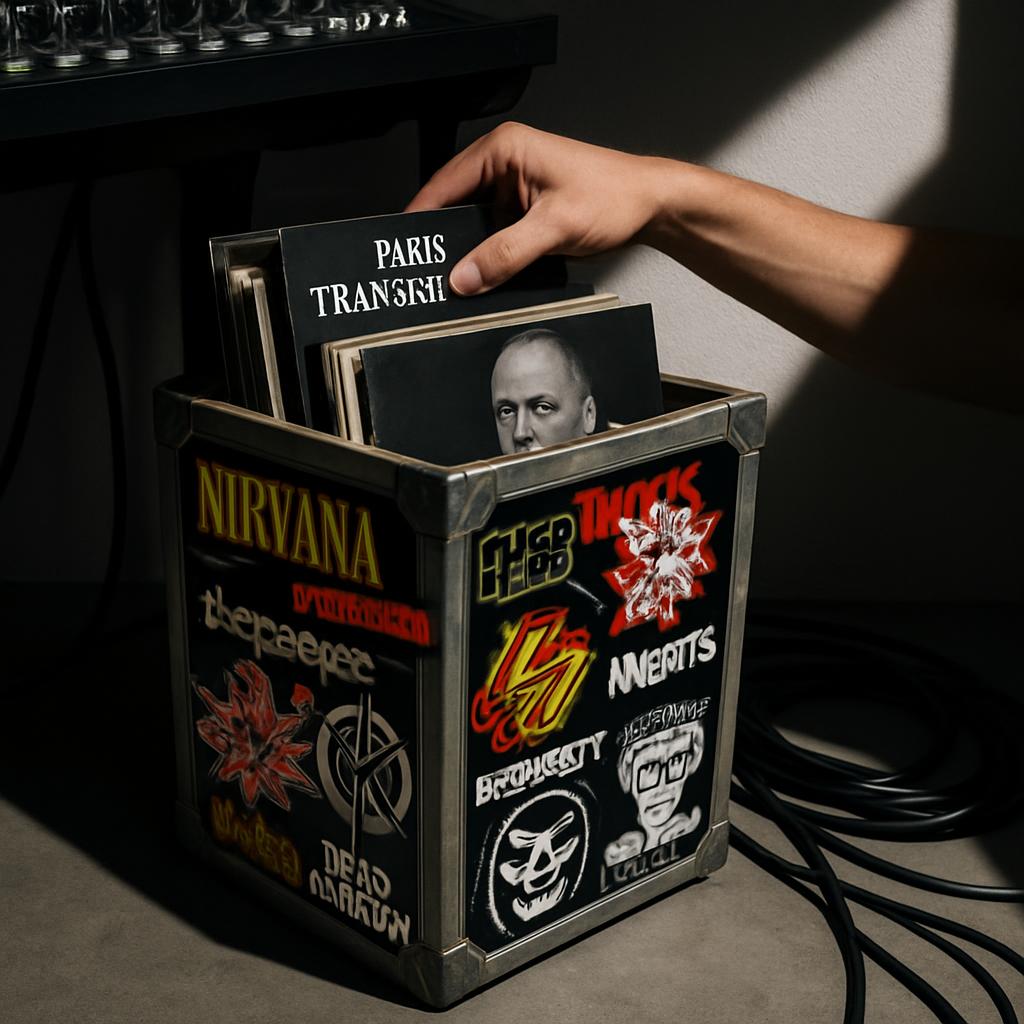A box filled with CDs, being placed on top of a hand to illustrate someone unsafely running a record store on a side of th...