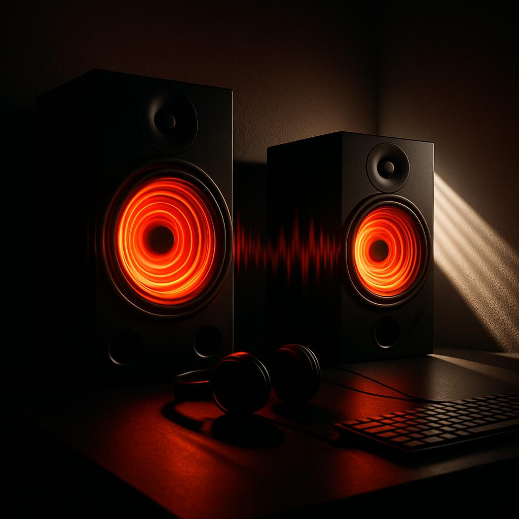 A pair of computer speakers illuminated by a red glow earlier in the evening.