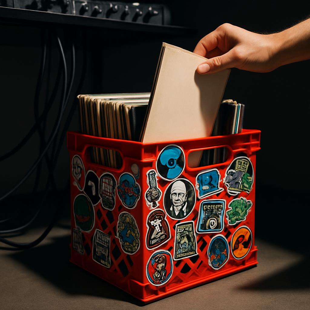 A person's hand places a blank white cardboard record sleeve into a red crate lined with colorful stickers, adorned with v...