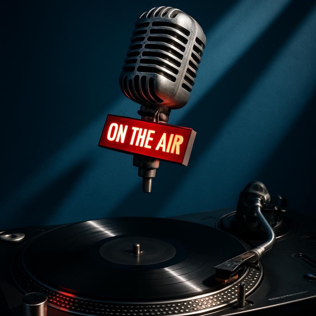 A microphone on a vinyl record player with spotlights highlightotive lighting shines on a microphone atop a classic vinyl ...